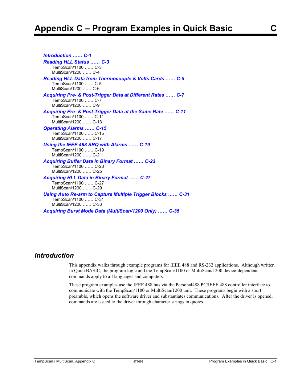 Appendix c – program examples in quick basic c, Introduction, Appendix c – program examples | In quick basic, Appendix c – program examples in quick basic | Measurement Computing TempScan/1100 User Manual | Page 271 / 306
