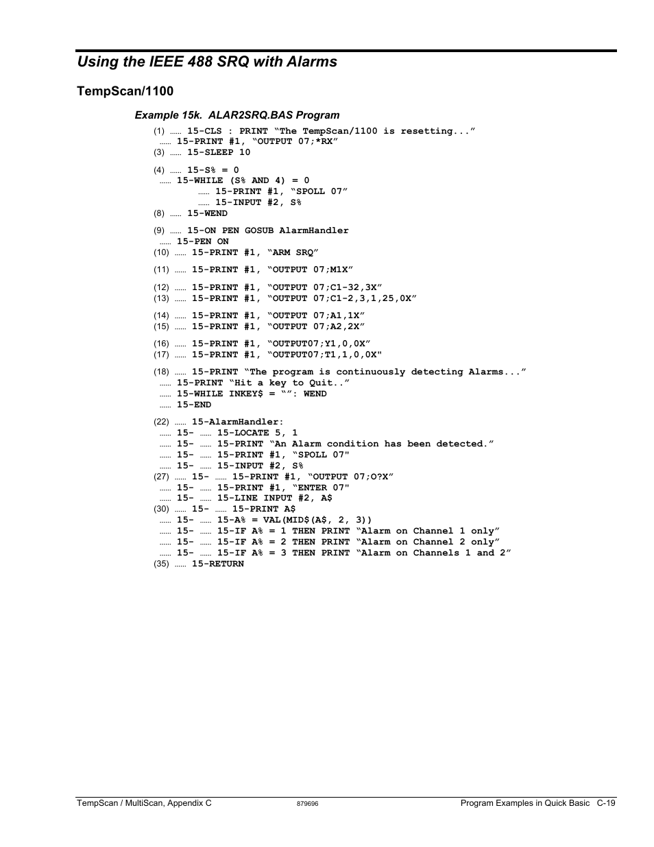 Using the ieee 488 srq with alarms, Tempscan/1100, Using the ieee 488 srq with alarms …… c-19 | Measurement Computing TempScan/1100 User Manual | Page 289 / 306