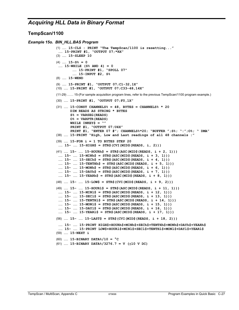 Acquiring hll data in binary format, Tempscan/1100, Acquiring hll data in binary format …… c-27 | Measurement Computing TempScan/1100 User Manual | Page 297 / 306