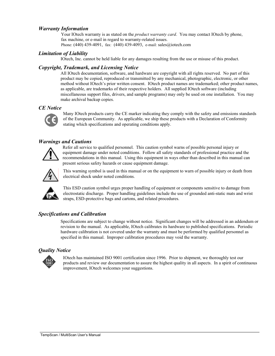 Warranty information, Limitation of liability, Copyright, trademark, and licensing notice | Ce notice, Warnings and cautions, Specifications and calibration, Quality notice | Measurement Computing TempScan/1100 User Manual | Page 3 / 306