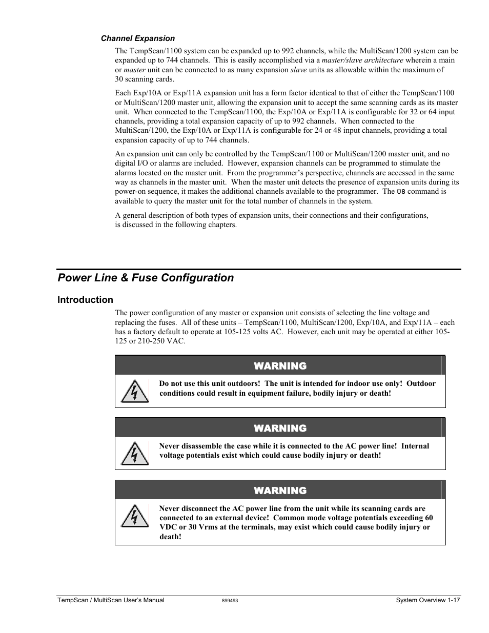 Power line & fuse configuration, Introduction, Power line & fuse configuration -17 | Warning | Measurement Computing TempScan/1100 User Manual | Page 31 / 306