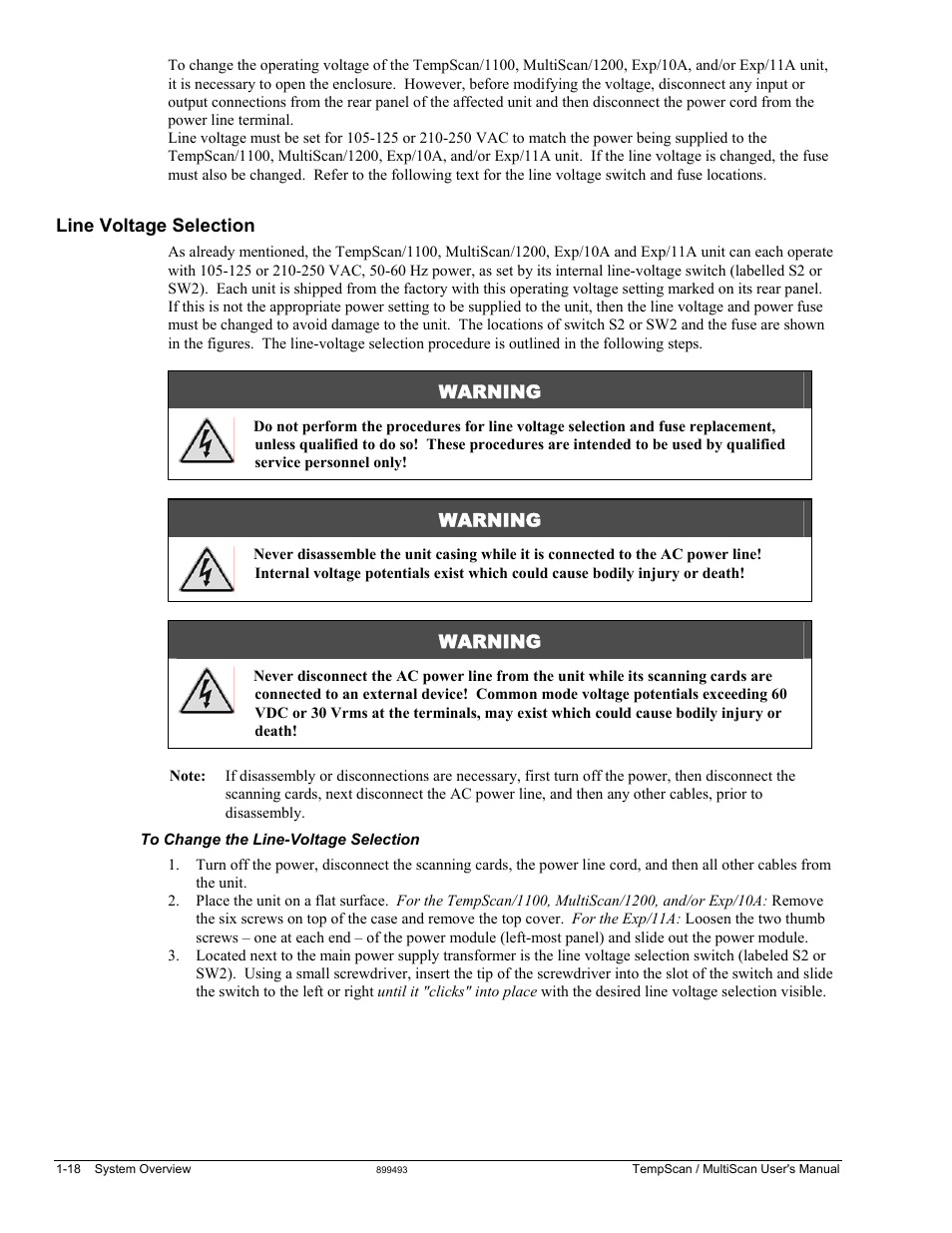 Line voltage selection, Warning | Measurement Computing TempScan/1100 User Manual | Page 32 / 306