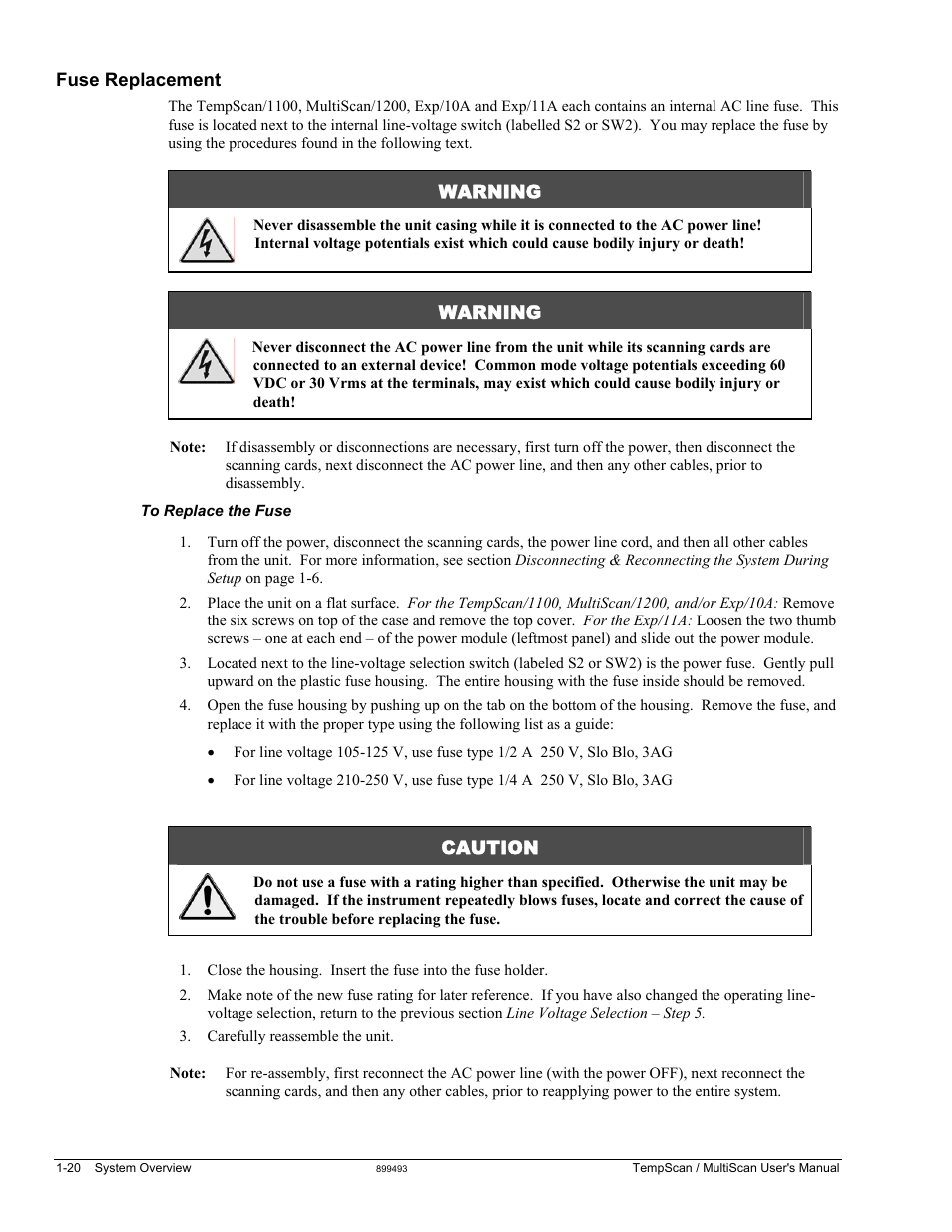 Fuse replacement, Warning, Caution | Measurement Computing TempScan/1100 User Manual | Page 34 / 306