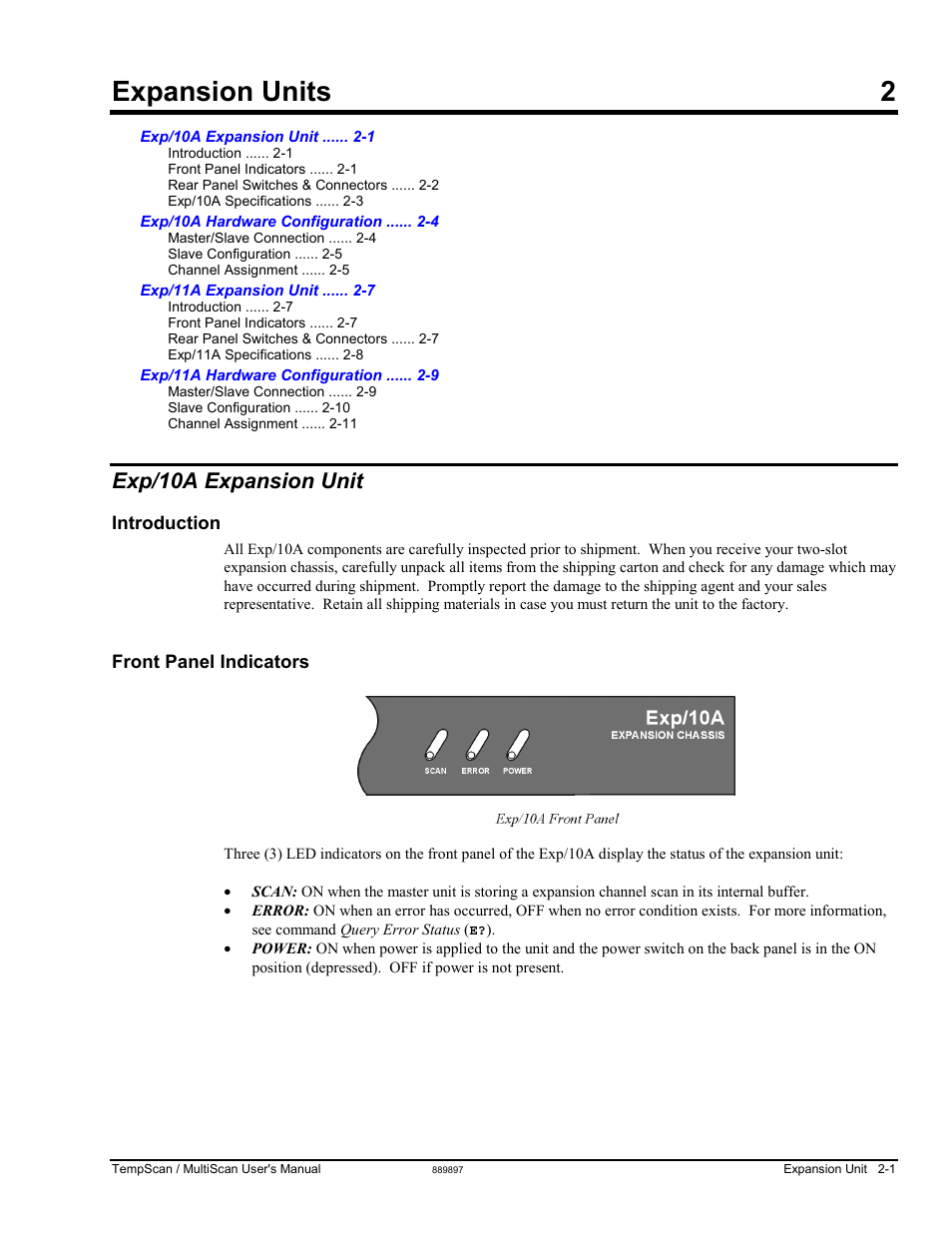Ch 2 - expansion units, Exp/10a expansion unit, Introduction | Front panel indicators, 2 – expansion units, Expansion units 2 | Measurement Computing TempScan/1100 User Manual | Page 37 / 306