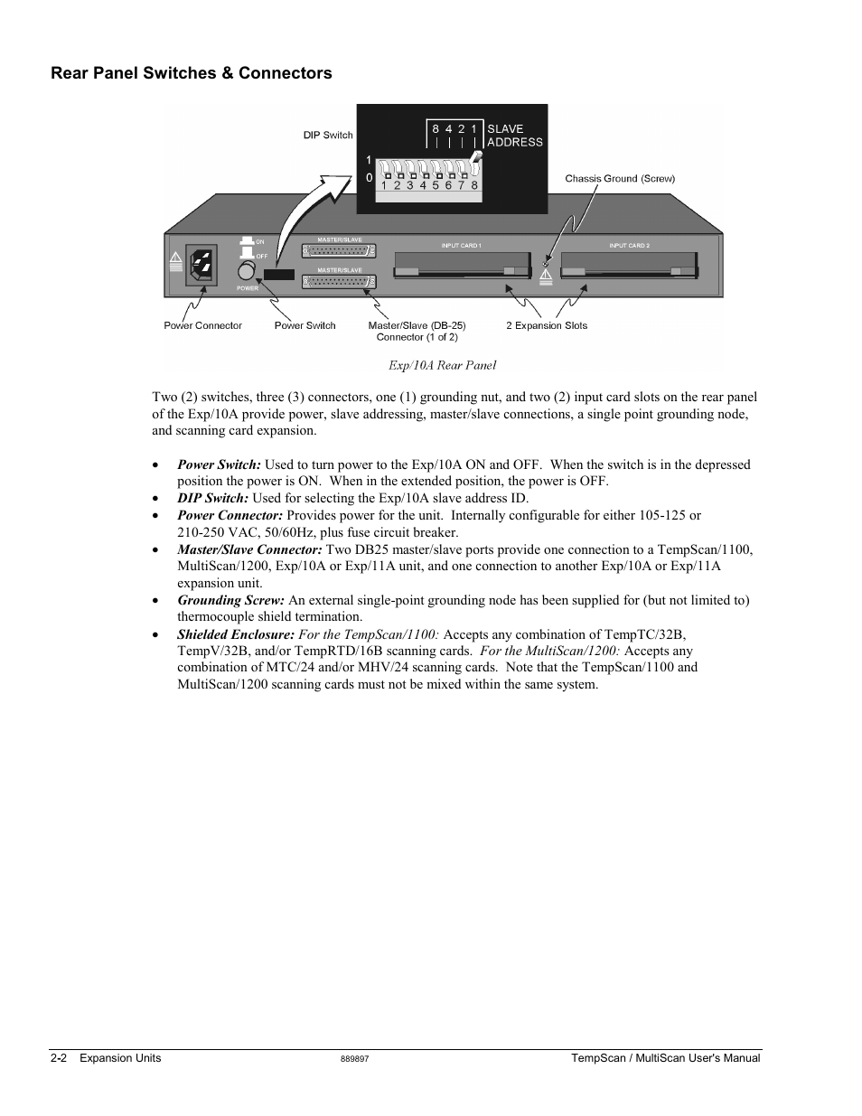 Rear panel switches & connectors | Measurement Computing TempScan/1100 User Manual | Page 38 / 306