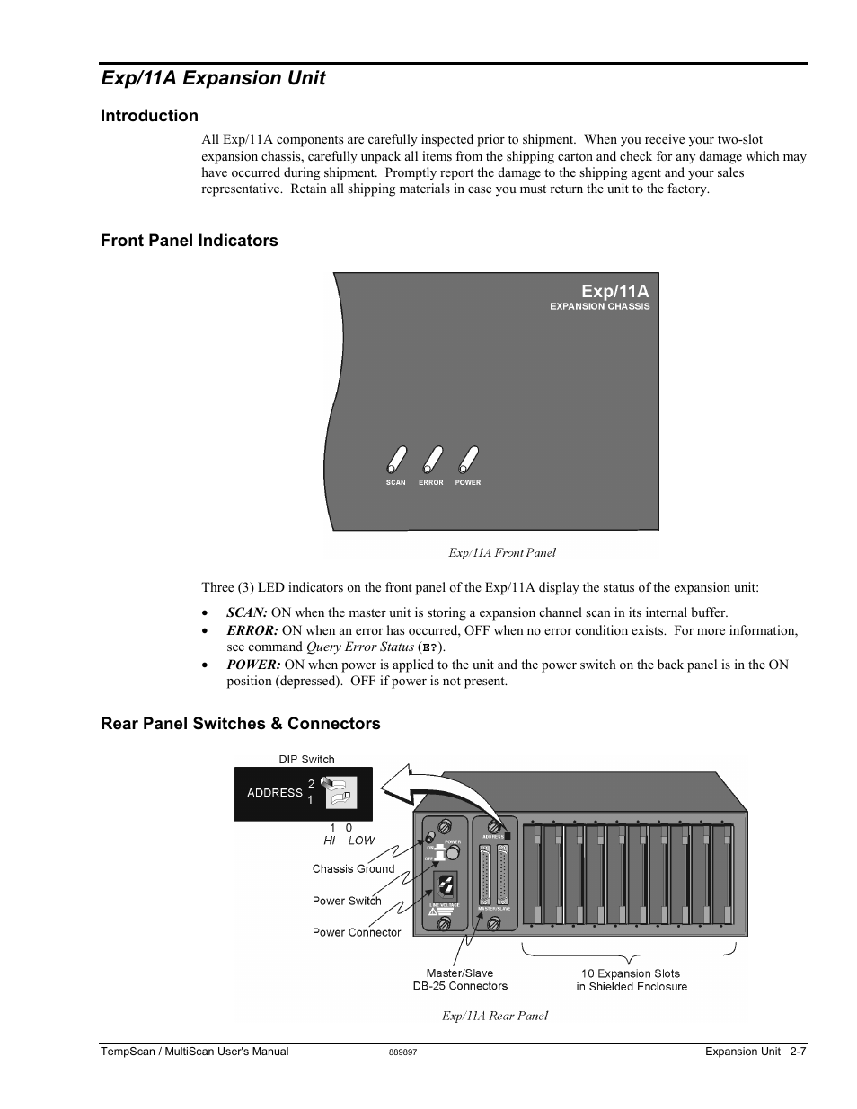 Exp/11a expansion unit, Introduction, Front panel indicators | Rear panel switches & connectors | Measurement Computing TempScan/1100 User Manual | Page 43 / 306