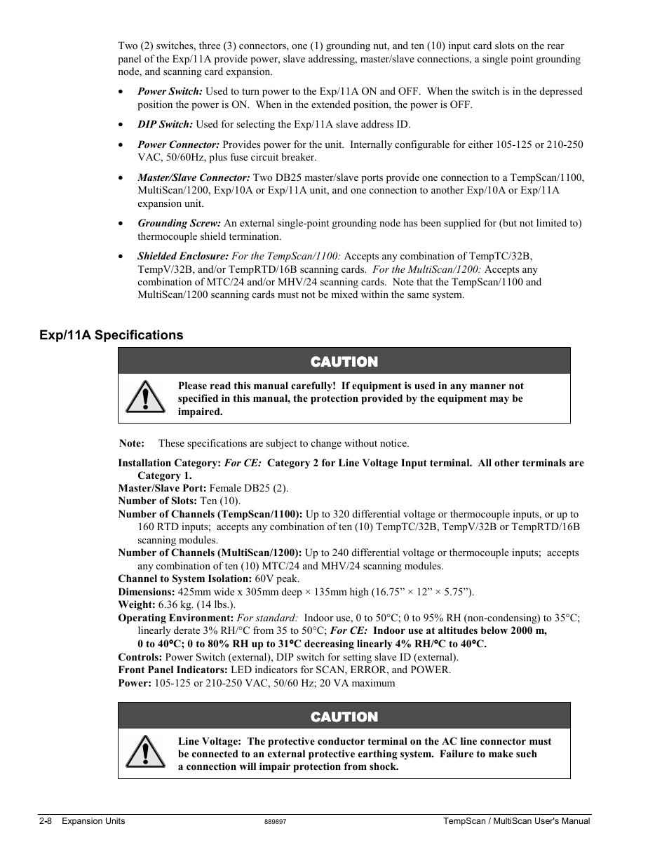 Exp/11a specifications, Caution | Measurement Computing TempScan/1100 User Manual | Page 44 / 306