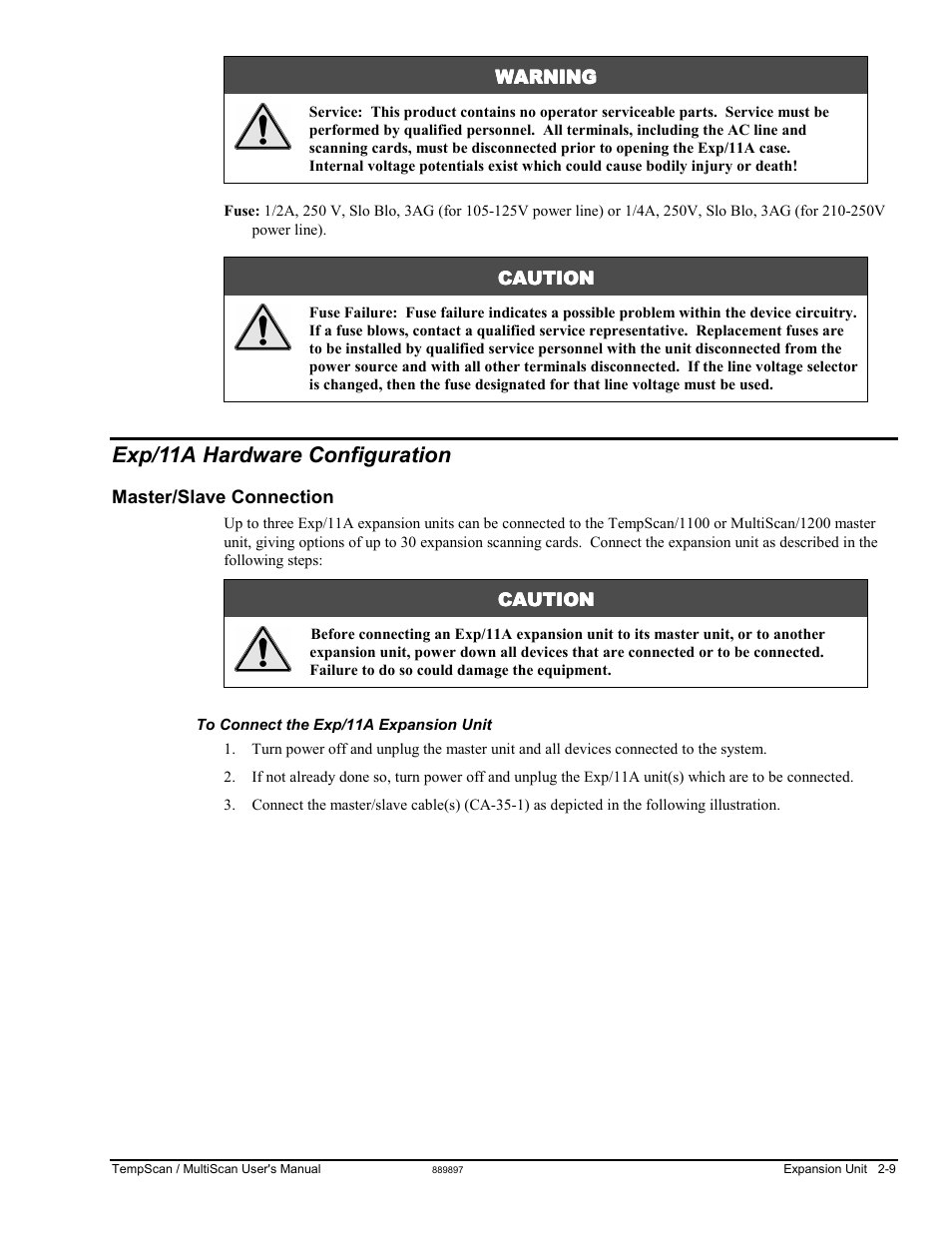 Exp/11a hardware configuration, Master/slave connection, Warning | Caution | Measurement Computing TempScan/1100 User Manual | Page 45 / 306