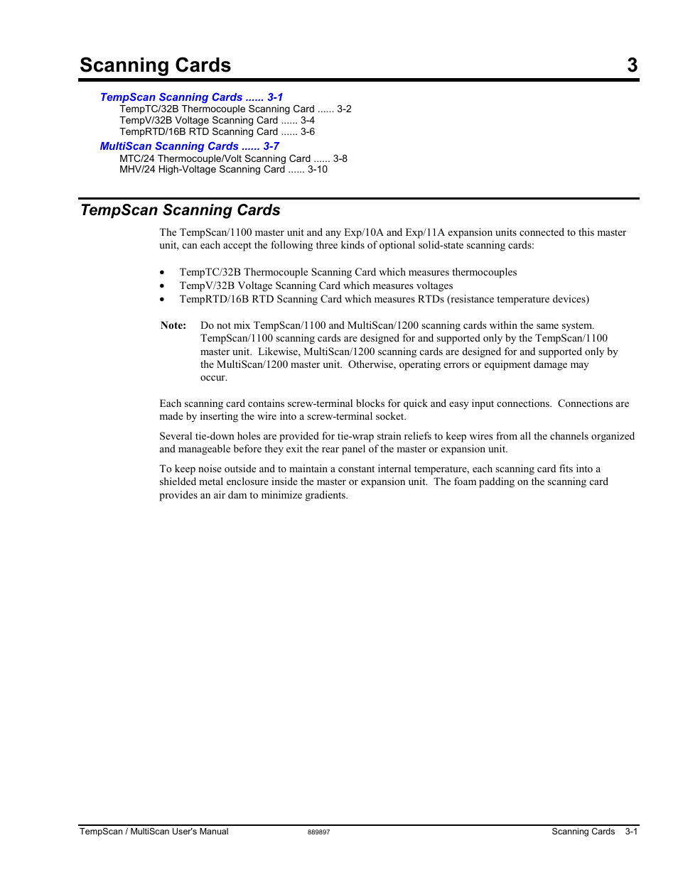 Ch 3 - scanning cards, Tempscan scanning cards, 3 – scanning cards | Scanning cards 3 | Measurement Computing TempScan/1100 User Manual | Page 49 / 306