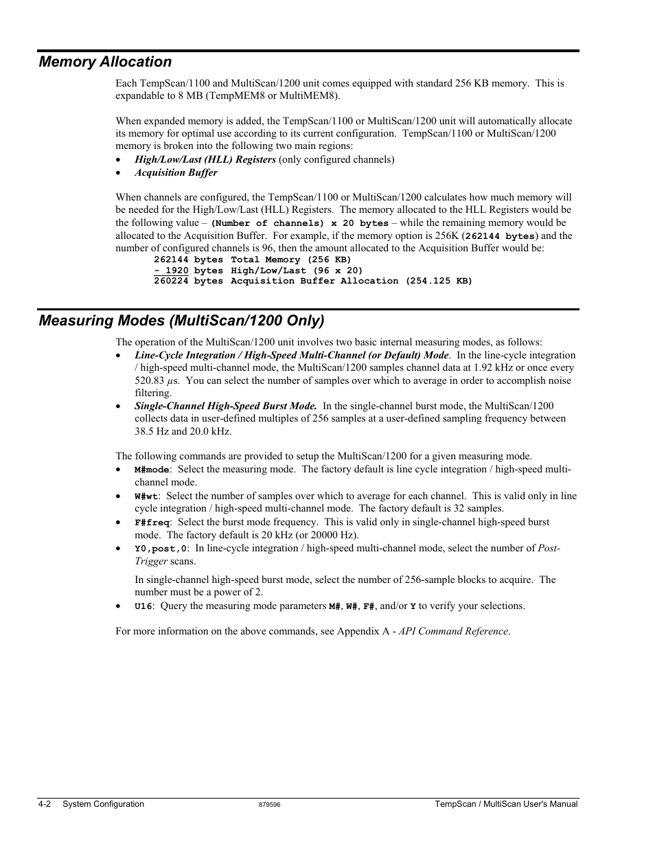 Memory allocation, Measuring modes (multiscan/1200 only) | Measurement Computing TempScan/1100 User Manual | Page 60 / 306