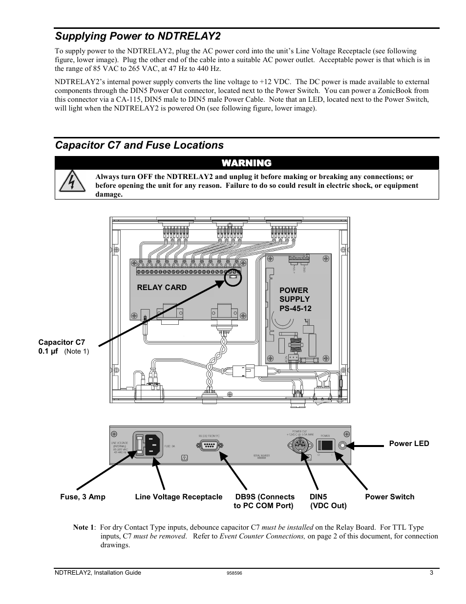 Supplying power to ndtrelay2, Capacitor c7 and fuse locations | Measurement Computing NDTRELAY2 User Manual | Page 3 / 4