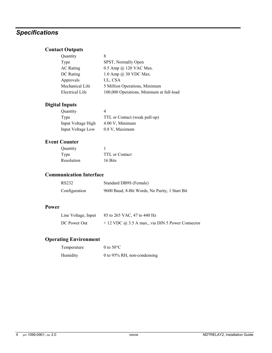 Specifications | Measurement Computing NDTRELAY2 User Manual | Page 4 / 4