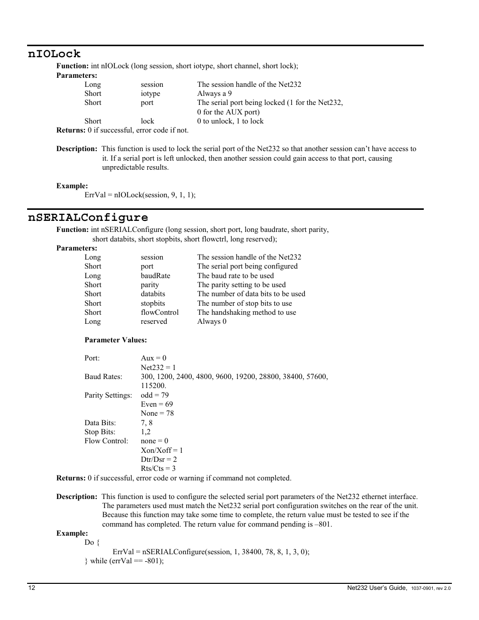 Niolock, Nserialconfigure | Measurement Computing Net232 User Manual | Page 12 / 16