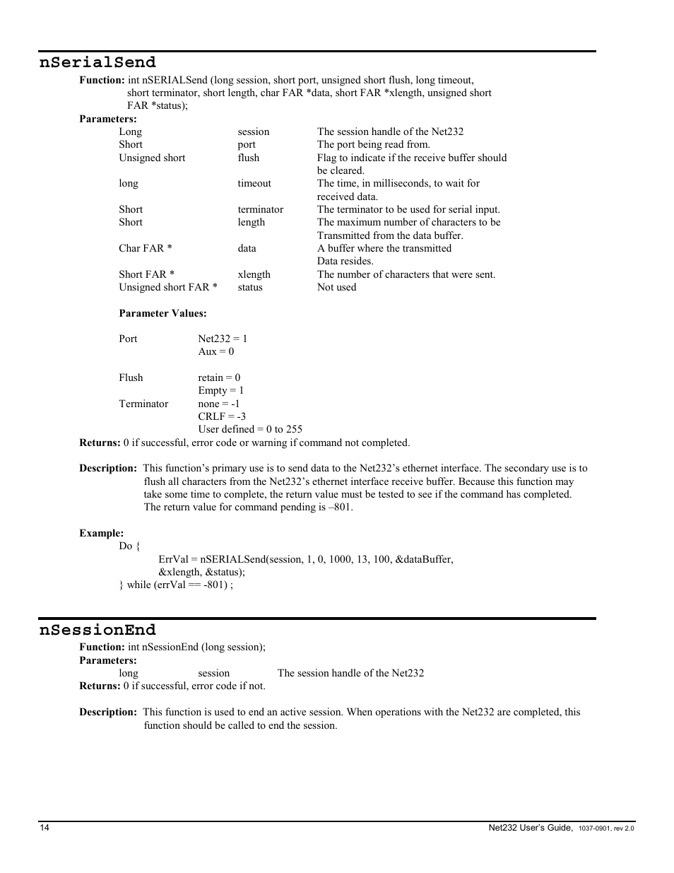 Nserialsend, Nsessionend | Measurement Computing Net232 User Manual | Page 14 / 16