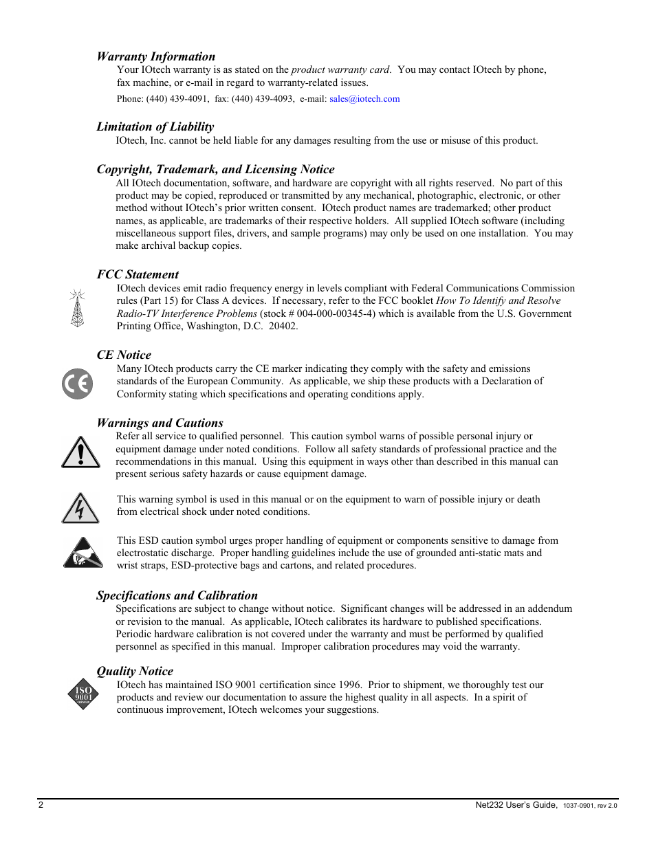 Warranty information, Warnings and cautions | Measurement Computing Net232 User Manual | Page 2 / 16