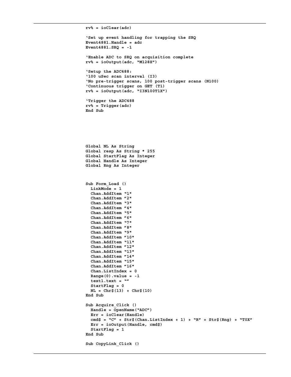 Acquisition engine sample program | Measurement Computing Personal488 rev.3.0 For DOS & Windows 3.Xi User Manual | Page 266 / 400