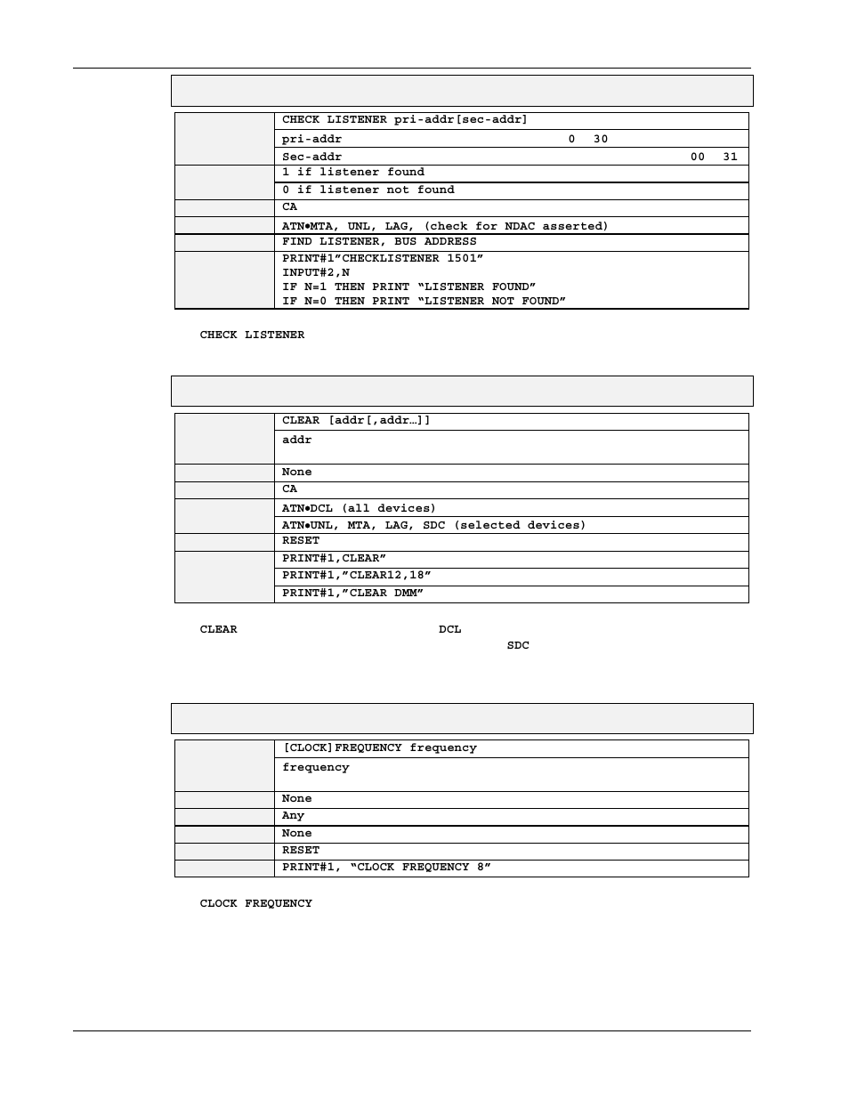 Check listener, Clear, Clock frequency | Measurement Computing Personal488 rev.3.0 For DOS & Windows 3.Xi User Manual | Page 301 / 400