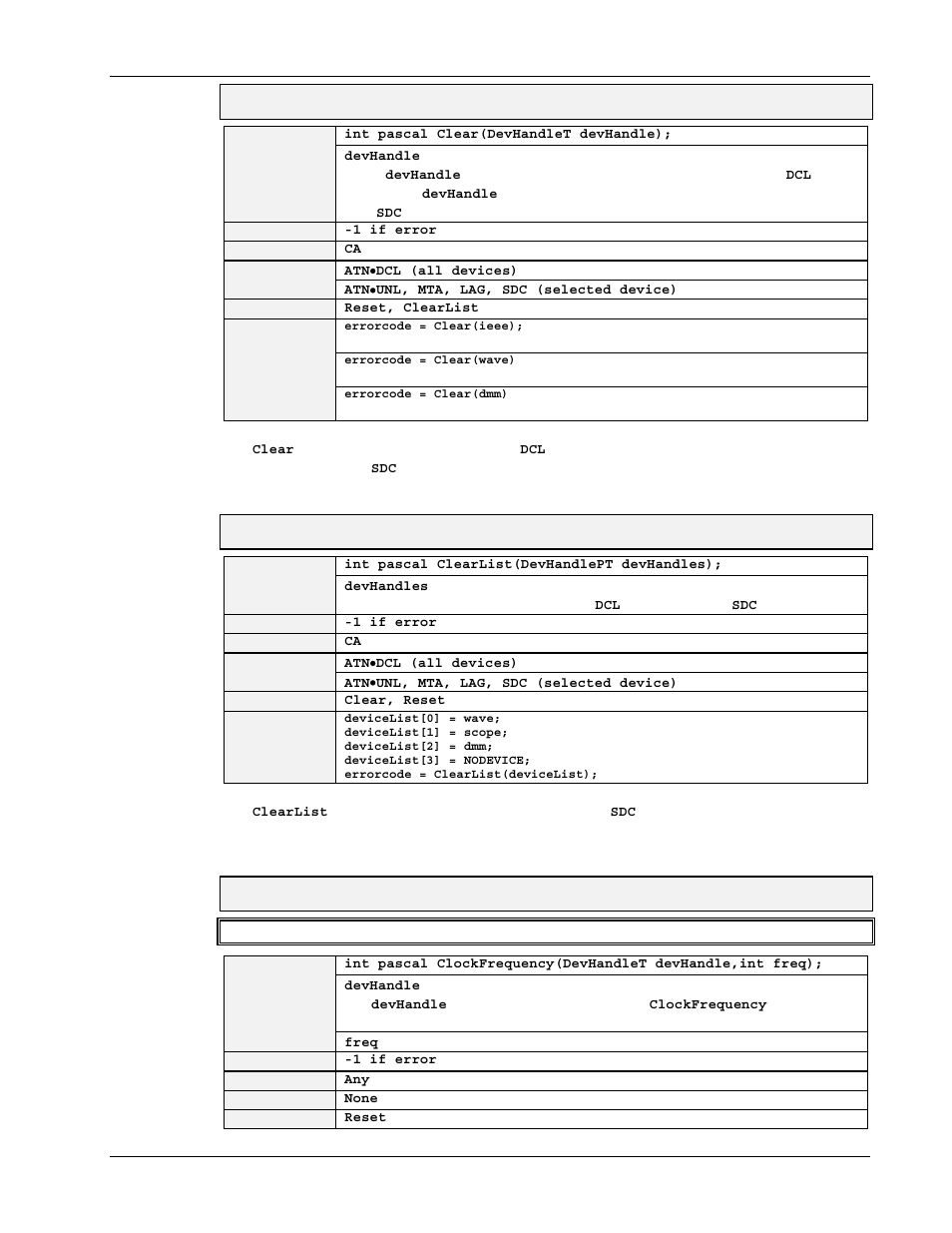 Clear, Clearlist, Clockfrequency | Measurement Computing Personal488 rev.3.0 For DOS & Windows 3.Xi User Manual | Page 332 / 400