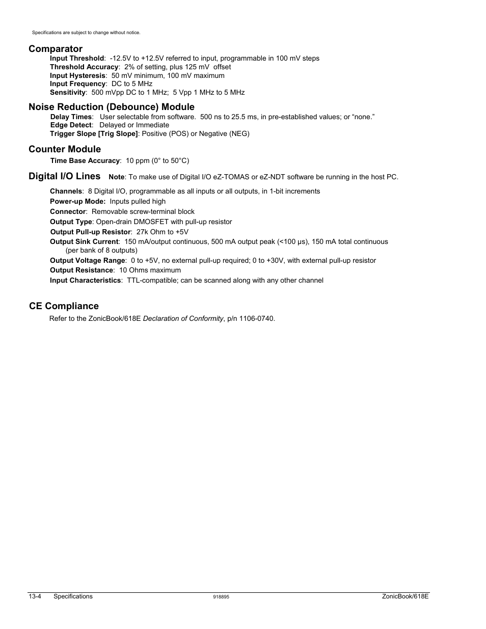 Comparator, Noise reduction (debounce) module, Counter module | Digital i/o lines, Ce compliance | Measurement Computing ZonicBook 618E rev.3.4 User Manual | Page 100 / 122