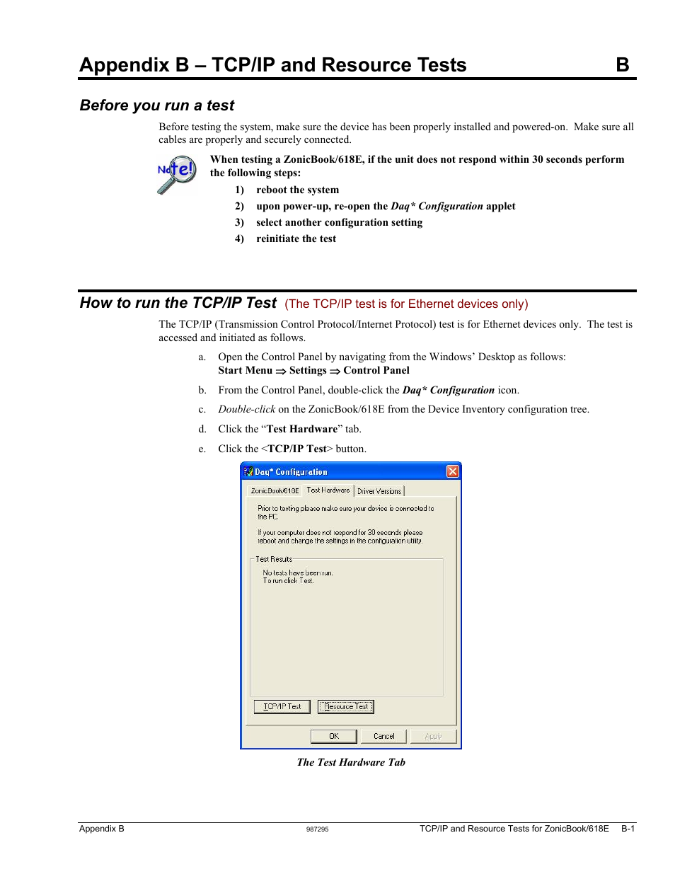 Appendix b – tcp/ip and resource tests, Before you run a test, Appendix b – tcp/ip and resource tests b | How to run the tcp/ip test | Measurement Computing ZonicBook 618E rev.3.4 User Manual | Page 105 / 122