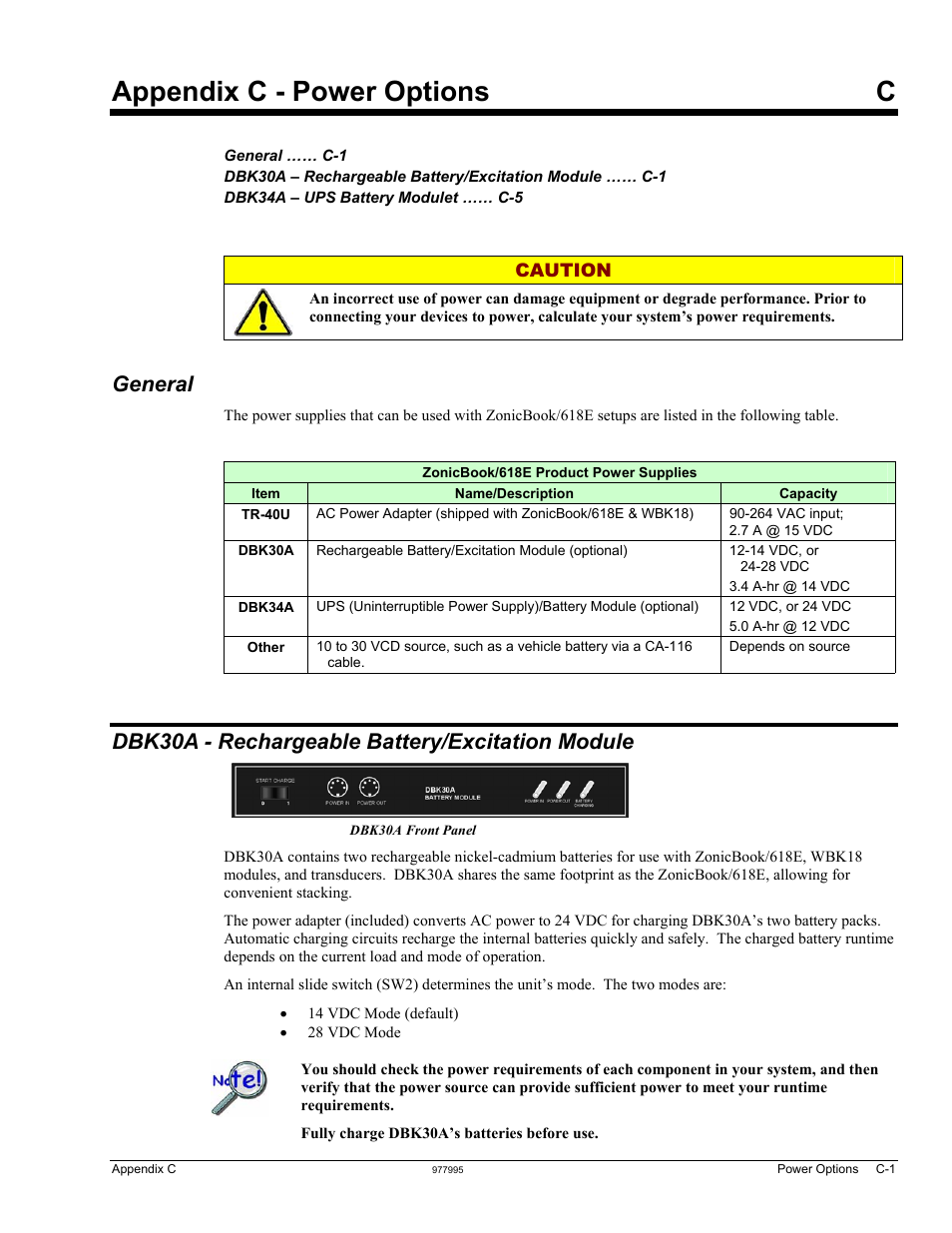 Appendix c - power options, General, Dbk30a - rechargeable battery/excitation module | Appendix c - power options c | Measurement Computing ZonicBook 618E rev.3.4 User Manual | Page 109 / 122
