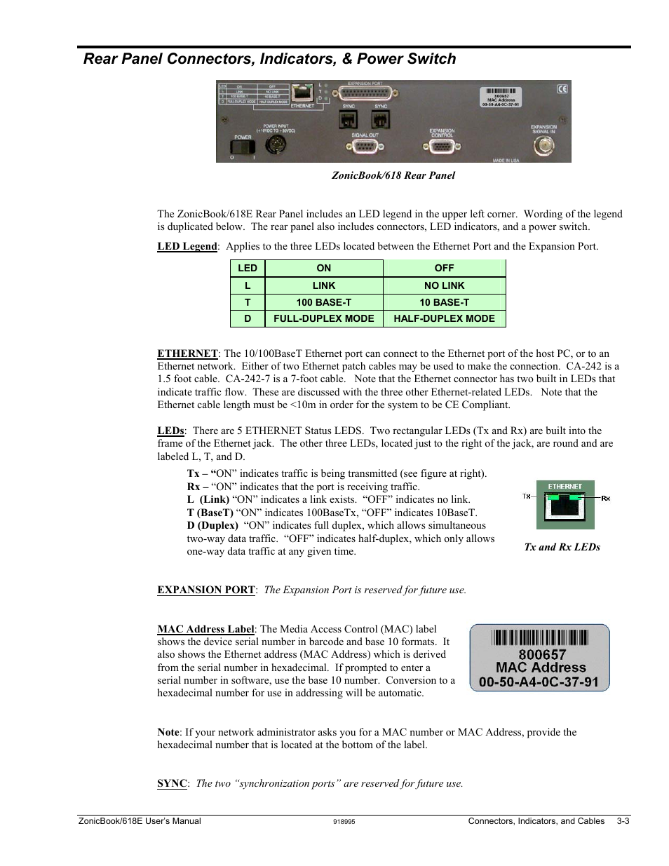 Rear panel connectors, indicators, & power switch | Measurement Computing ZonicBook 618E rev.3.4 User Manual | Page 21 / 122