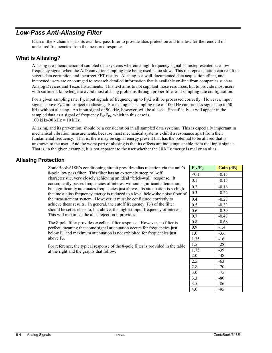 Low-pass anti-aliasing filter, Low-pass anti-aliasing filter …… 6-4, What is aliasing | Aliasing protection | Measurement Computing ZonicBook 618E rev.3.4 User Manual | Page 52 / 122