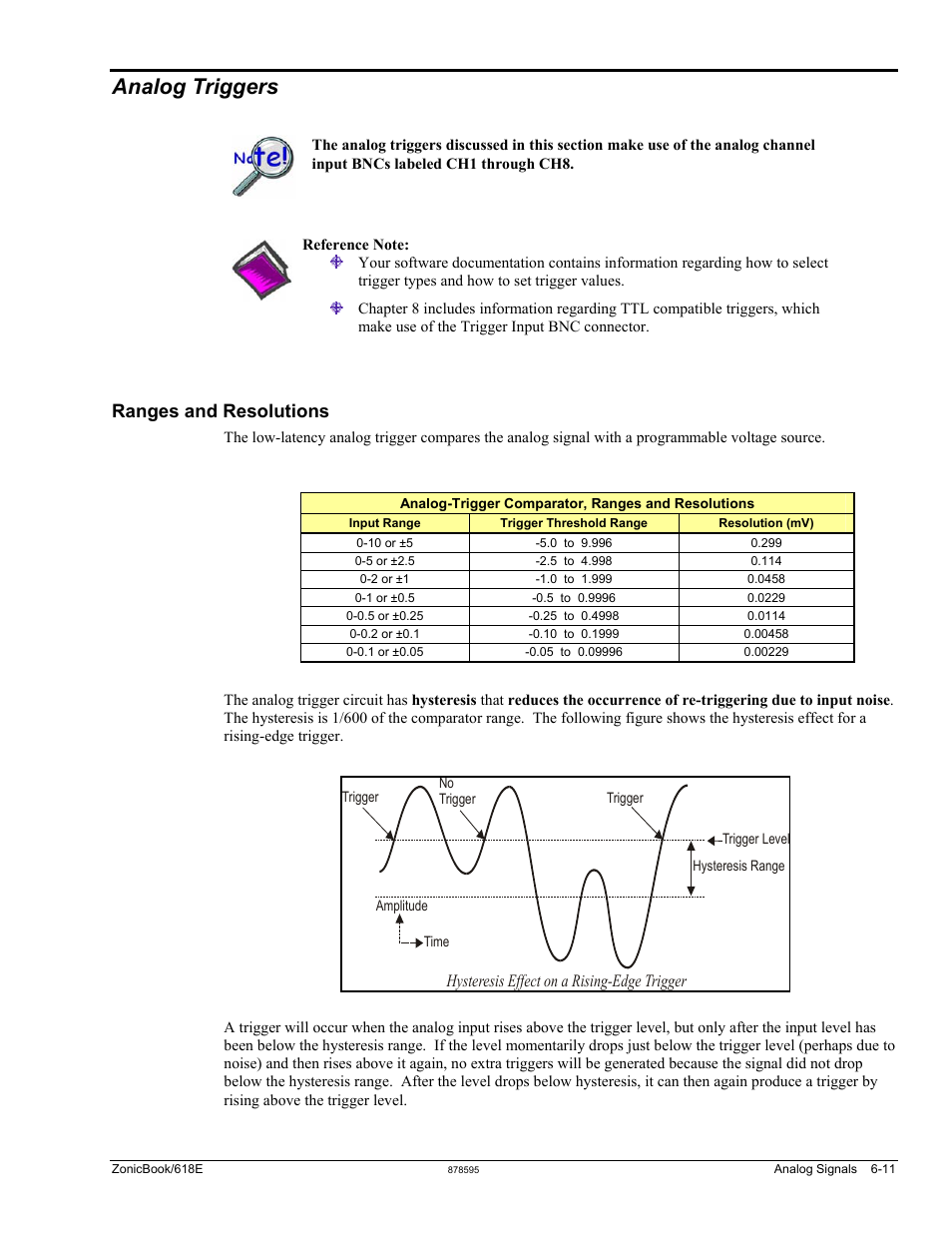 Analog triggers, Analog triggers …… 6-11, Ranges and resolutions | Hysteresis effect on a rising-edge trigger | Measurement Computing ZonicBook 618E rev.3.4 User Manual | Page 59 / 122