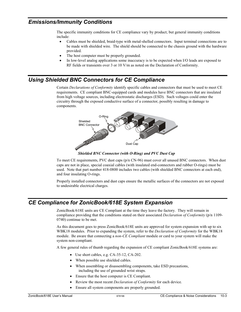 Emissions/immunity conditions, Using shielded bnc connectors for ce compliance, Ce compliance for zonicbook/618e system expansion | Measurement Computing ZonicBook 618E rev.3.4 User Manual | Page 81 / 122