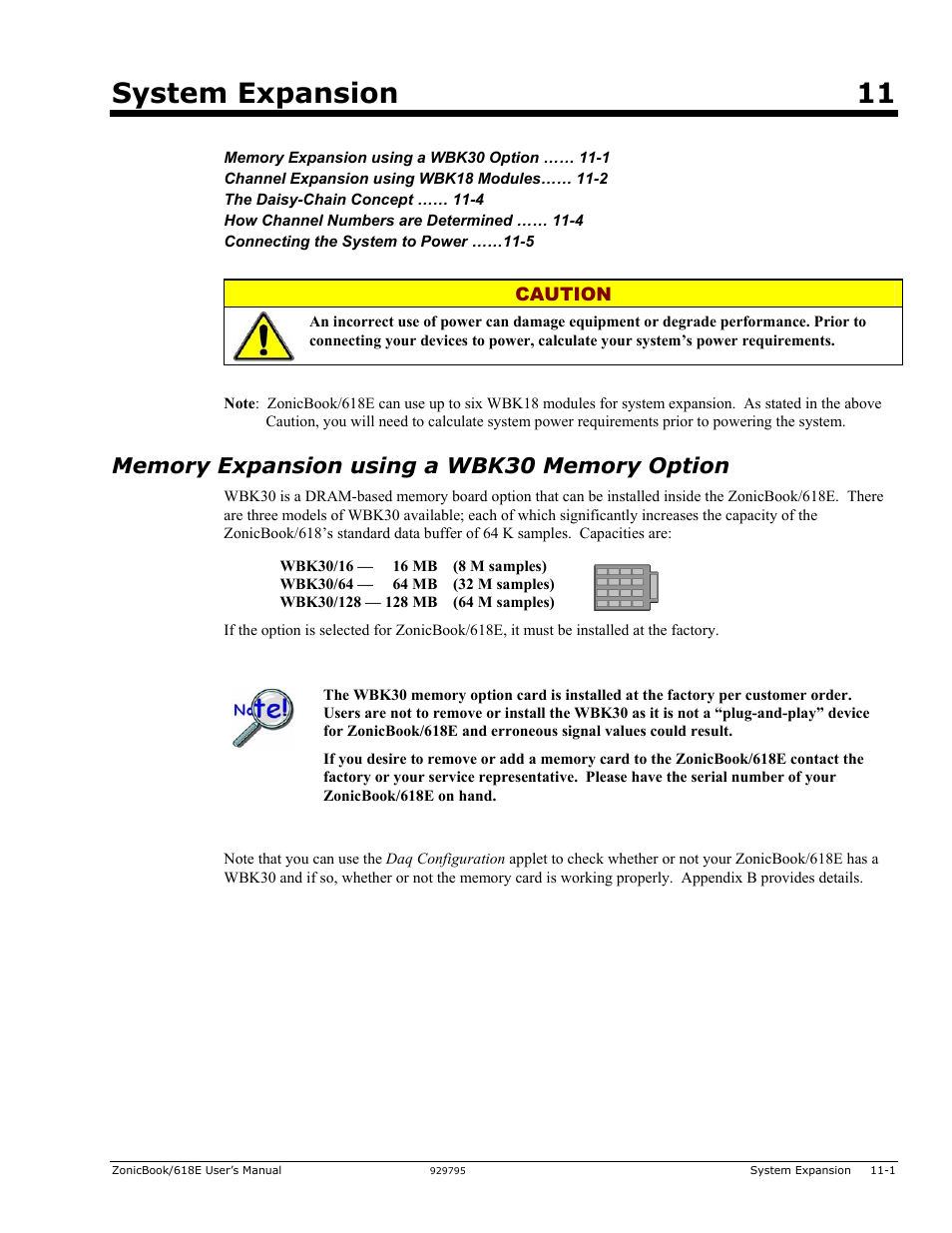 11 - system expansion, Memory expansion using a wbk30 memory option, System expansion 11 | Caution | Measurement Computing ZonicBook 618E rev.3.4 User Manual | Page 85 / 122