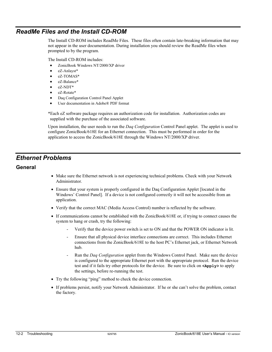 Readme files and the install cd-rom, Ethernet problems, 2 ethernet problems …… 12-2 | General …… 12-2, General | Measurement Computing ZonicBook 618E rev.3.4 User Manual | Page 92 / 122