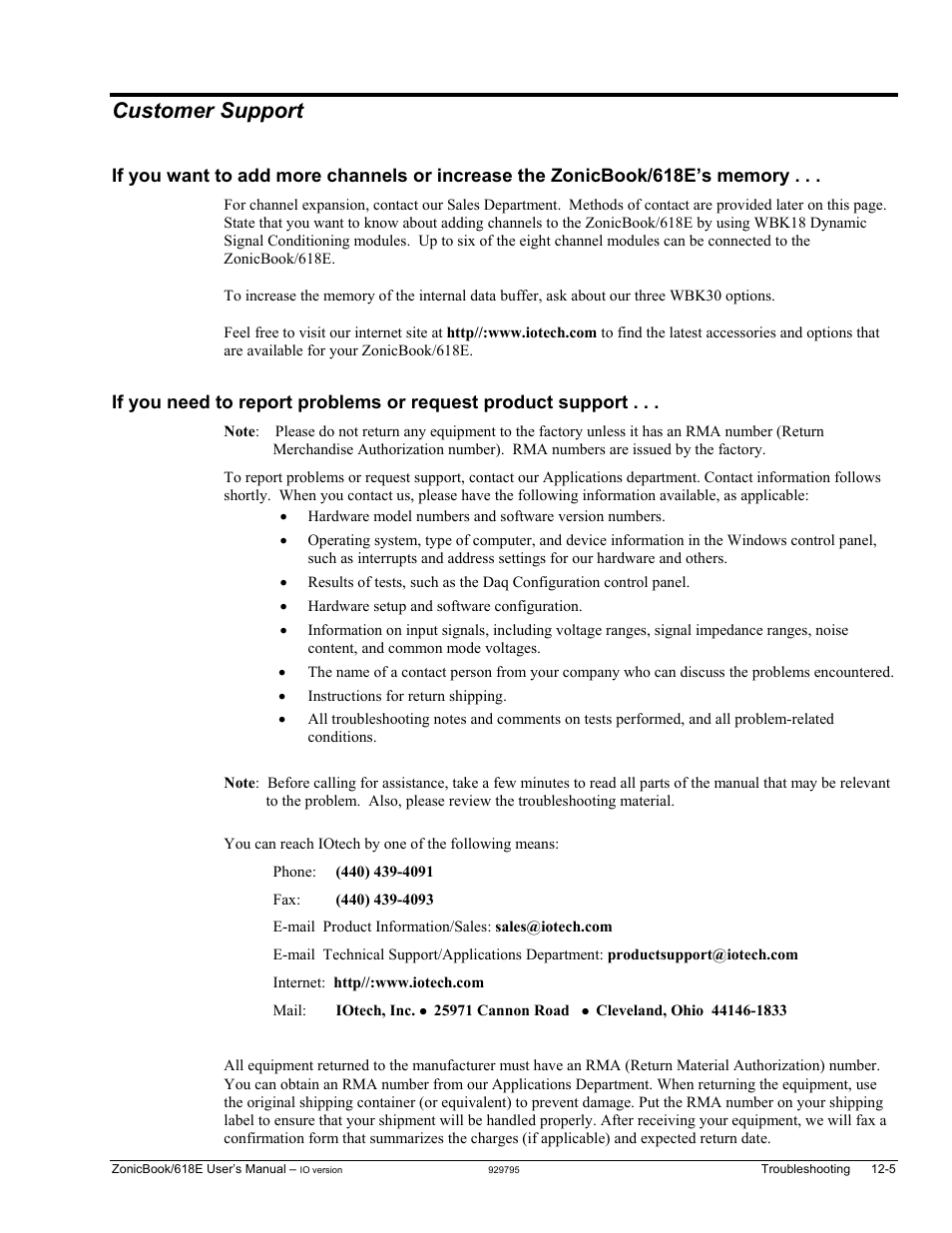 Customer support, Customer support …… 12-5 | Measurement Computing ZonicBook 618E rev.3.4 User Manual | Page 95 / 122