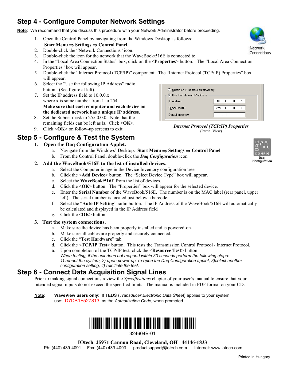 Step 4 - configure computer network settings, Step 5 - configure & test the system, Step 6 - connect data acquisition signal lines | Measurement Computing WaveBook rev.5.3 User Manual | Page 10 / 154