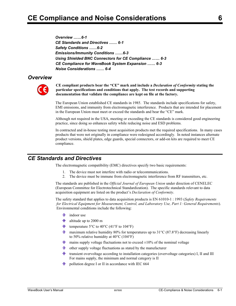 6 - ce compliance and noise considerations, Overview, Ce standards and directives | Ce compliance and noise considerations 6 | Measurement Computing WaveBook rev.5.3 User Manual | Page 105 / 154