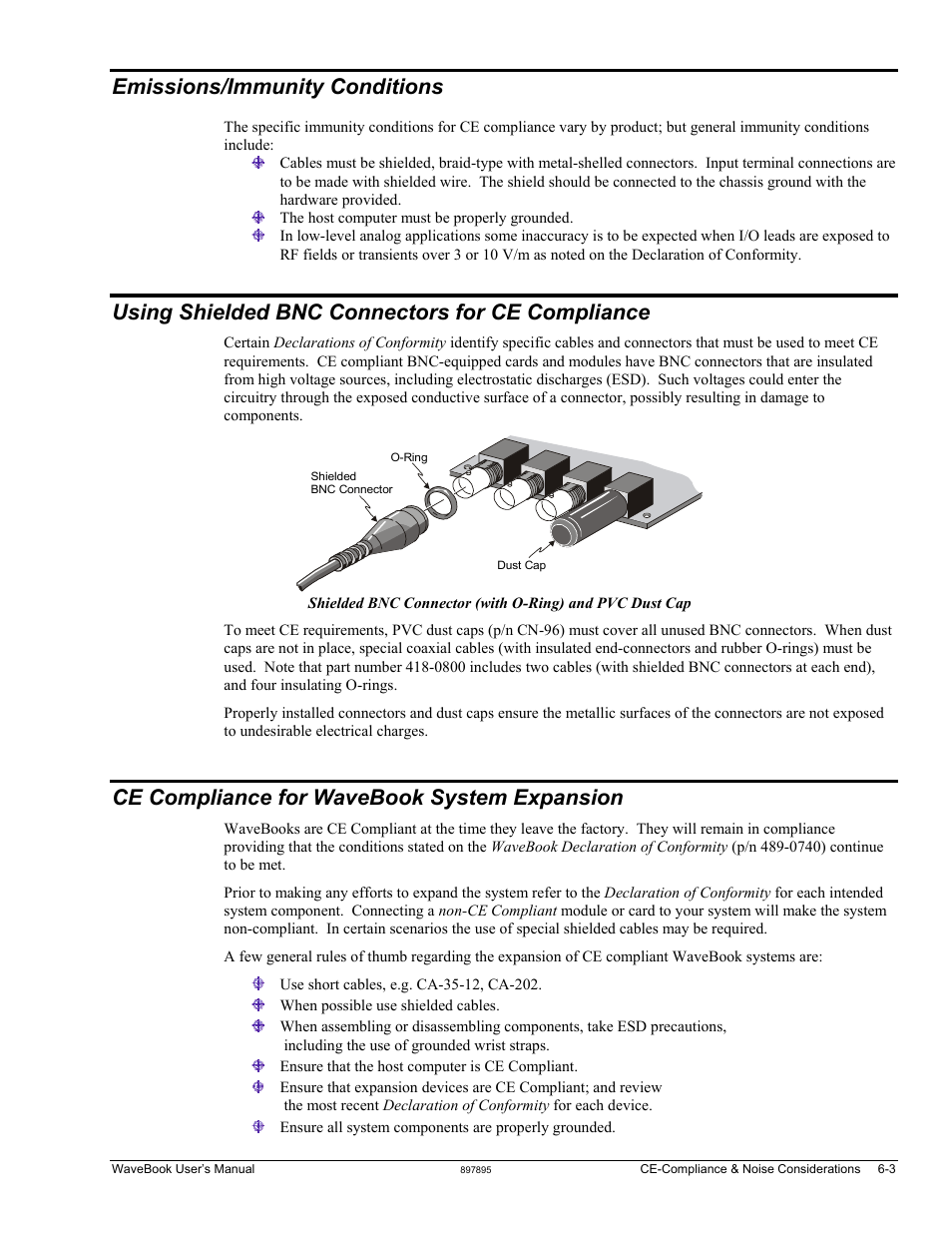 Emissions/immunity conditions, Using shielded bnc connectors for ce compliance, Ce compliance for wavebook system expansion | Measurement Computing WaveBook rev.5.3 User Manual | Page 107 / 154