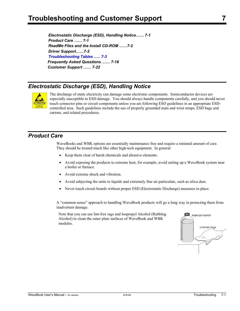 7 - troubleshooting and customer support, Electrostatic discharge (esd), handling notice, Product care | Troubleshooting and customer support 7 | Measurement Computing WaveBook rev.5.3 User Manual | Page 109 / 154