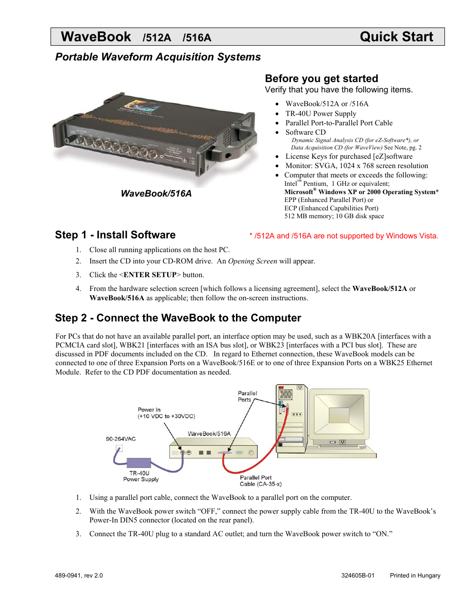 Quick start - wavebook/512a and /516a, Wavebook, Quick start | 512a, 516a, Portable waveform acquisition systems, Before you get started, Step 1 - install software, Step 2 - connect the wavebook to the computer | Measurement Computing WaveBook rev.5.3 User Manual | Page 11 / 154