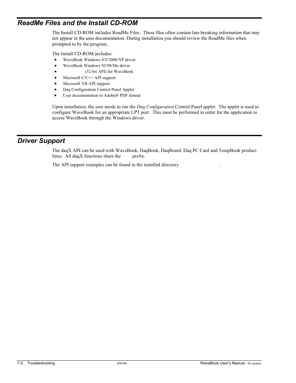 Readme files and the install cd-rom, Driver support | Measurement Computing WaveBook rev.5.3 User Manual | Page 110 / 154