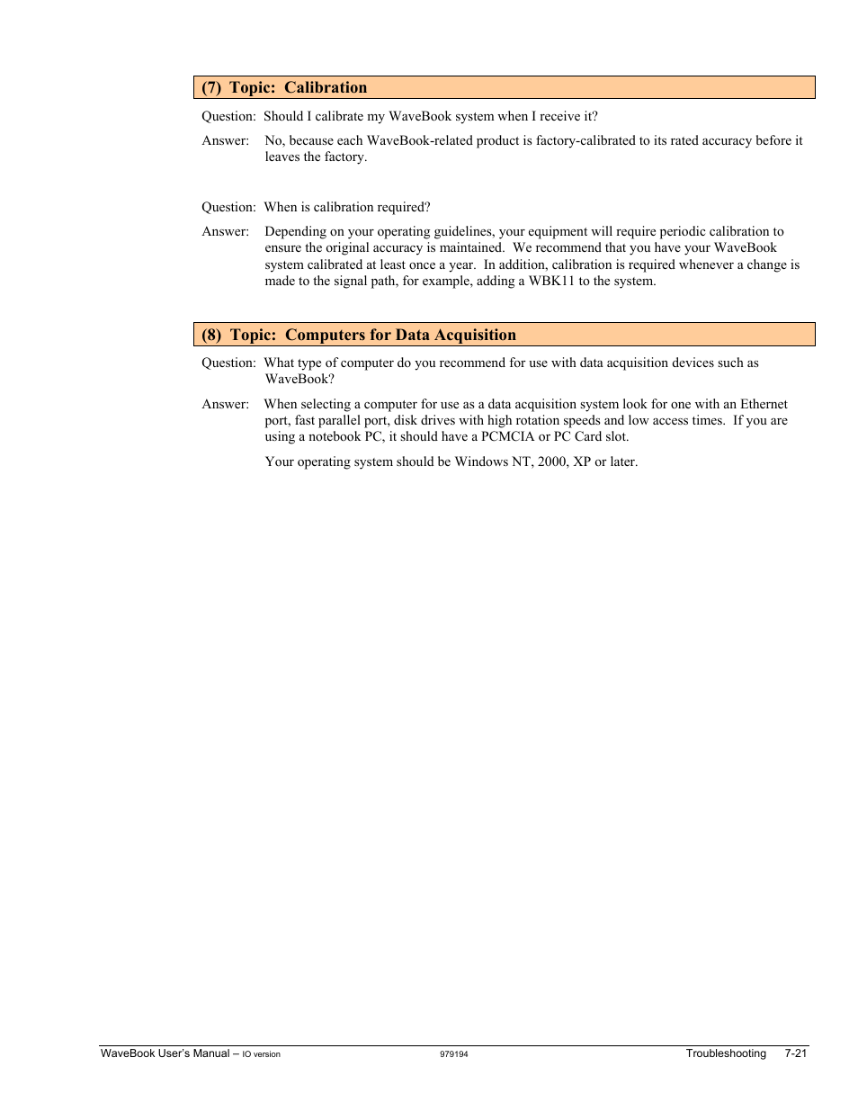 7) topic: calibration, 8) topic: computers for data acquisition | Measurement Computing WaveBook rev.5.3 User Manual | Page 129 / 154