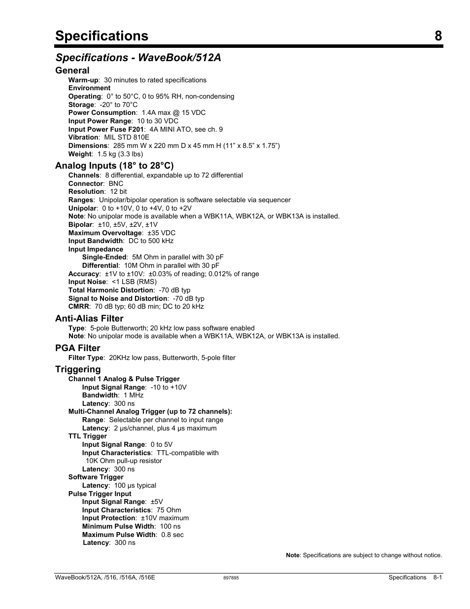 8 - specifications, Specifications - wavebook/512a, General | Analog inputs (18° to 28°c), Anti-alias filter, Pga filter, Triggering, Specifications 8 | Measurement Computing WaveBook rev.5.3 User Manual | Page 131 / 154