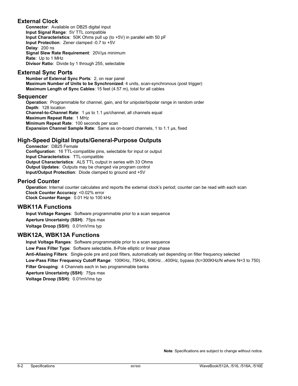 External clock, External sync ports, Sequencer | High-speed digital inputs/general-purpose outputs, Period counter, Wbk11a functions, Wbk12a, wbk13a functions | Measurement Computing WaveBook rev.5.3 User Manual | Page 132 / 154