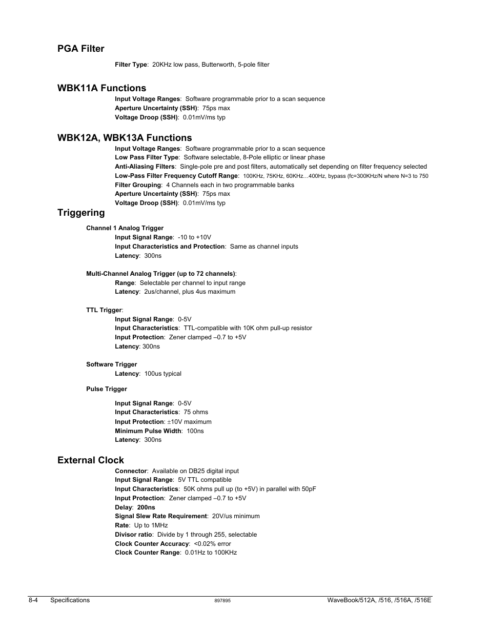 Pga filter, Wbk11a functions, Wbk12a, wbk13a functions | Triggering, External clock | Measurement Computing WaveBook rev.5.3 User Manual | Page 134 / 154