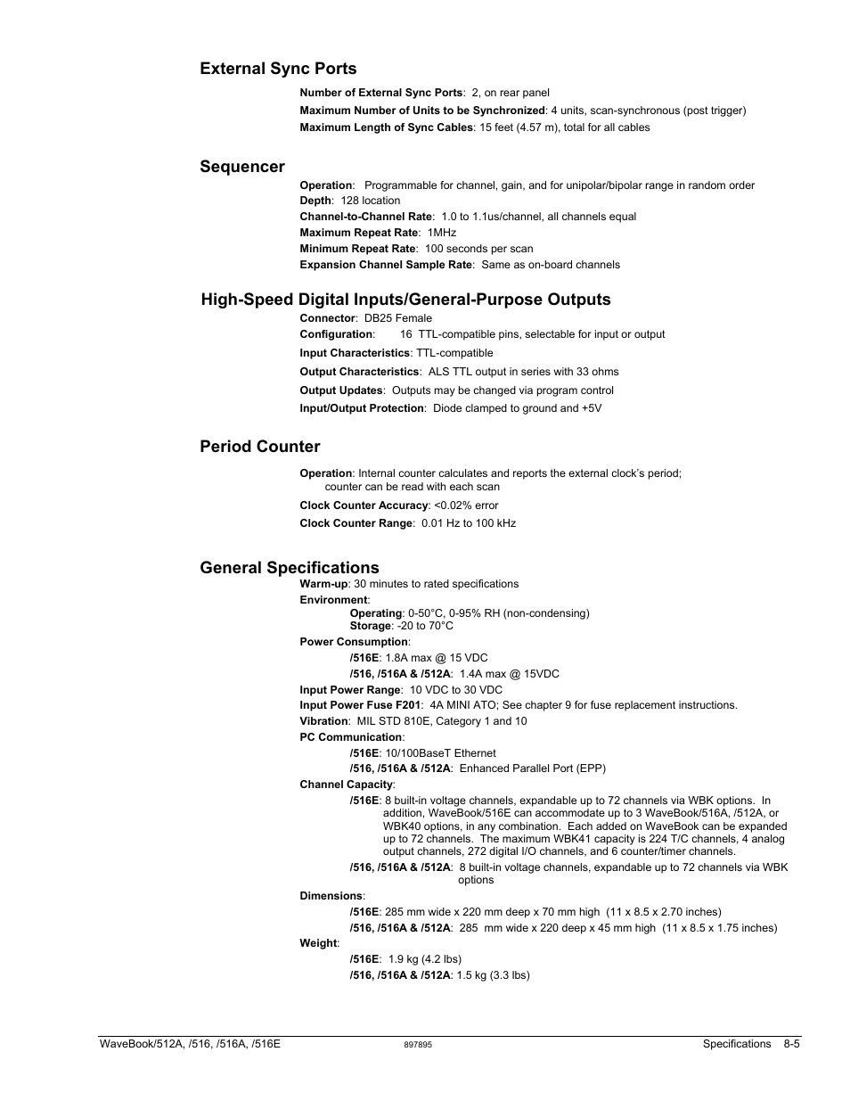 External sync ports, Sequencer, High-speed digital inputs/general-purpose outputs | Period counter, General specifications | Measurement Computing WaveBook rev.5.3 User Manual | Page 135 / 154