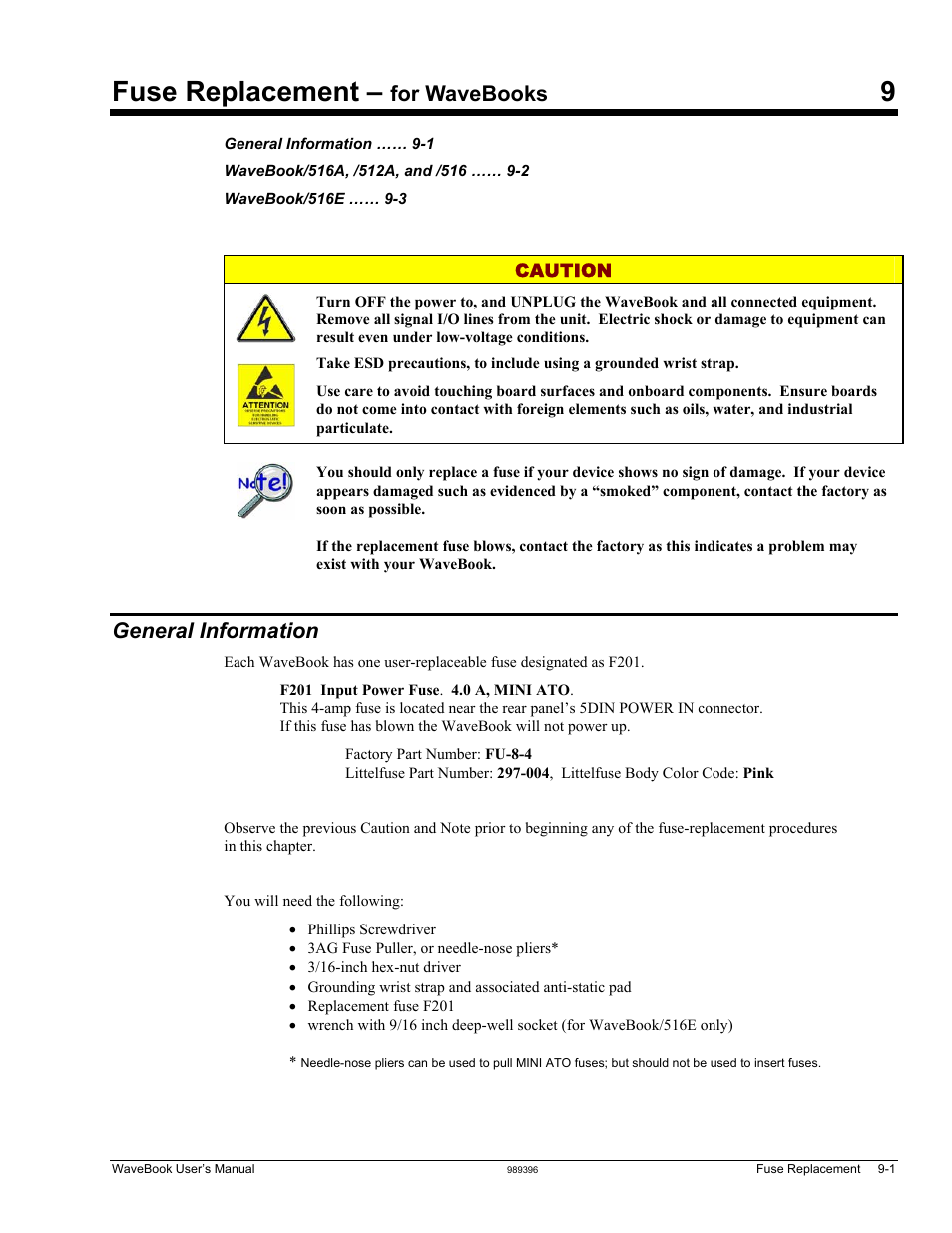 9 - fuse replacement, General information, Fuse replacement | For wavebooks | Measurement Computing WaveBook rev.5.3 User Manual | Page 137 / 154