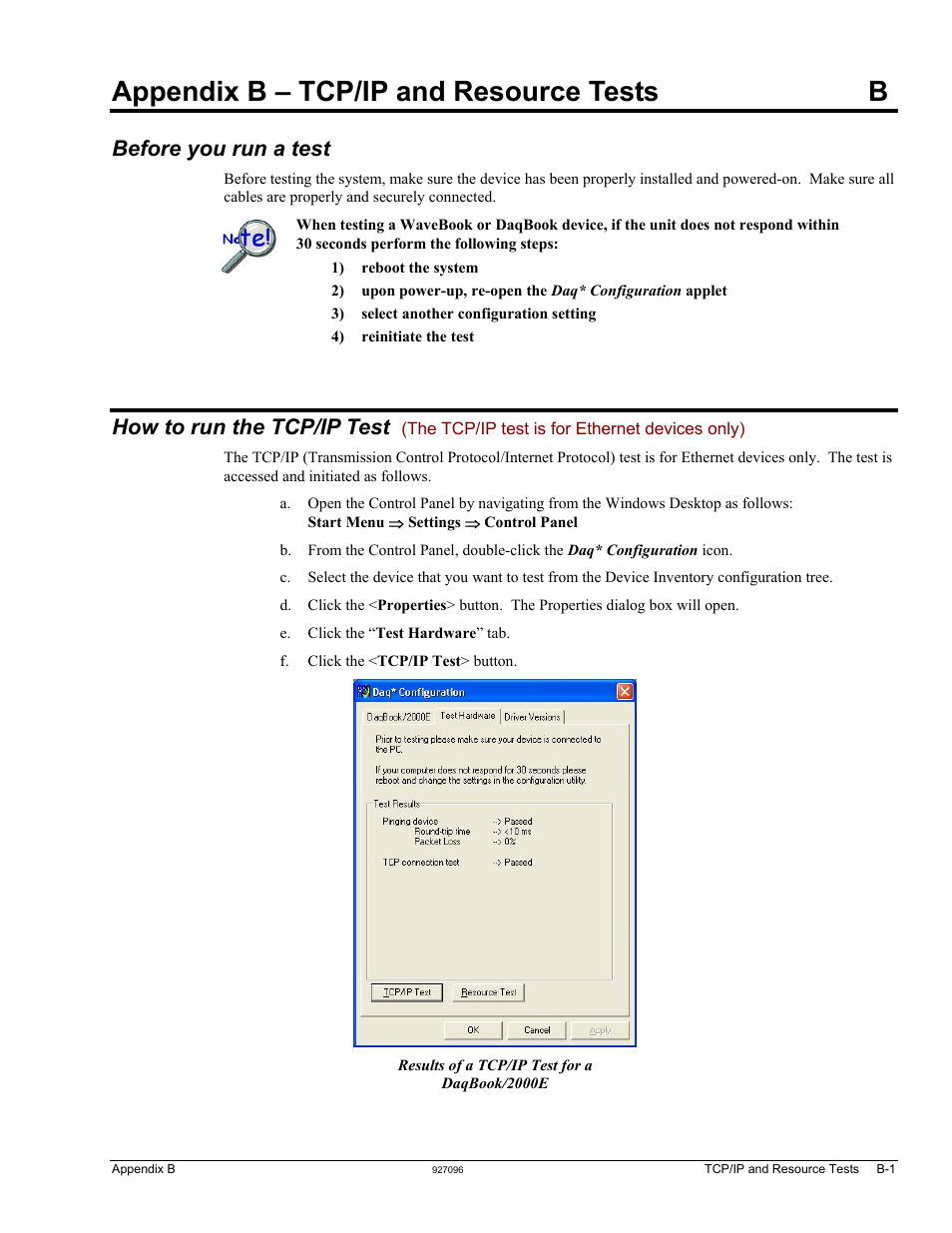 Appendix b – tcp/ip and resource tests, Before you run a test, Appendix b – tcp/ip and resource tests b | How to run the tcp/ip test | Measurement Computing WaveBook rev.5.3 User Manual | Page 147 / 154