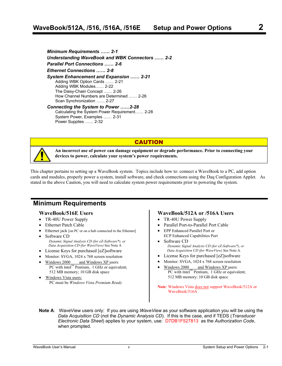 2 - system setup and power options, Minimum system requirements, Setup and power options | Minimum requirements, Caution, Wavebook/516e users | Measurement Computing WaveBook rev.5.3 User Manual | Page 21 / 154
