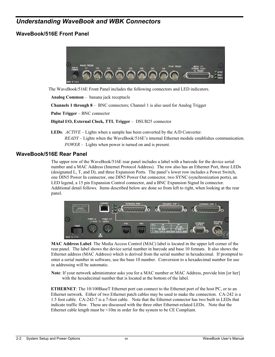 Understanding wavebook and wbk connectors, Wavebook/516e front panel, Wavebook/516e rear panel | Measurement Computing WaveBook rev.5.3 User Manual | Page 22 / 154