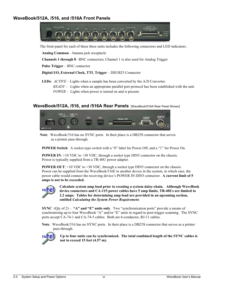 Wavebook/512a, /516, and /516a front panels | Measurement Computing WaveBook rev.5.3 User Manual | Page 24 / 154