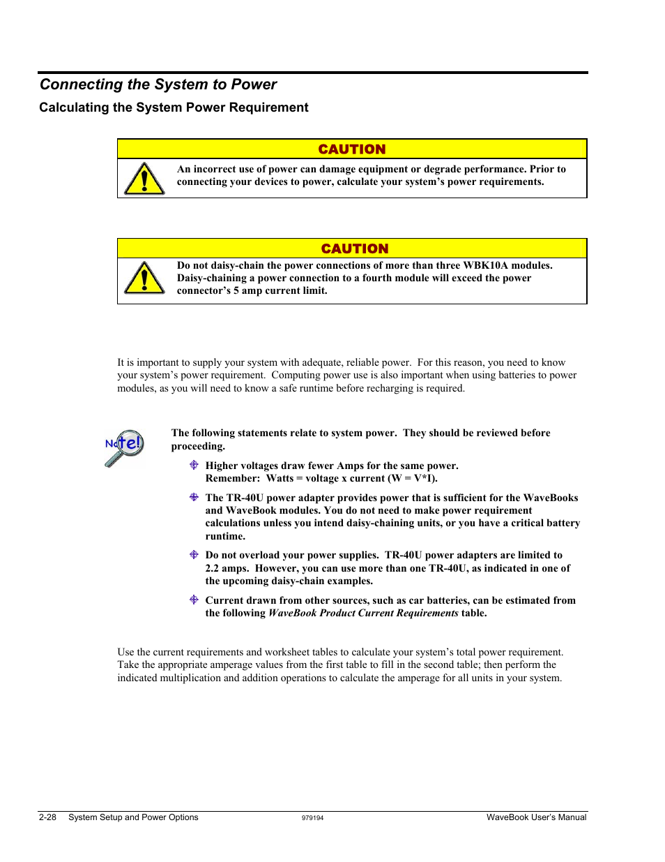 Connecting the system to power, Calculating the system power requirement, Caution | Measurement Computing WaveBook rev.5.3 User Manual | Page 48 / 154