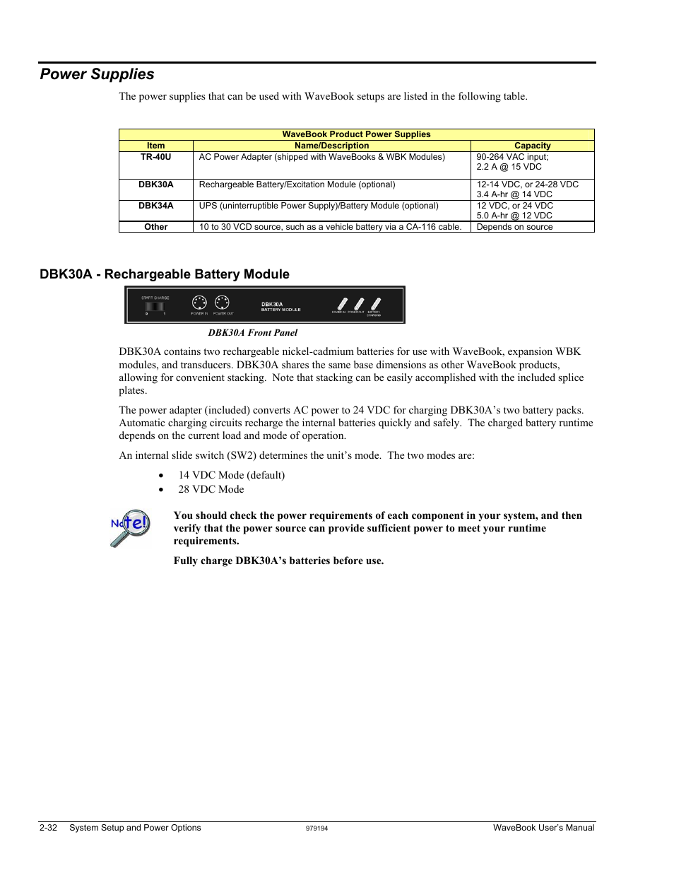 Power supplies, Dbk30a - rechargeable battery module | Measurement Computing WaveBook rev.5.3 User Manual | Page 52 / 154